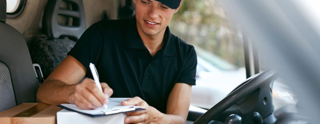 WHG Derby Delivery driver signing for parcel